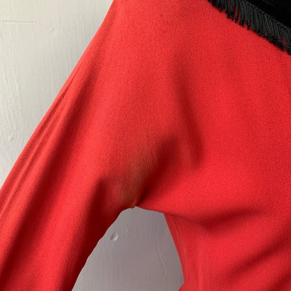 1940s 40s Vintage Red Rayon Crepe Dress with Black Fringe by "Polly Brief" - Picture 7 of 7